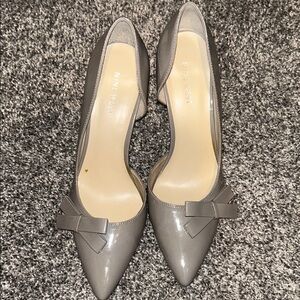 Nine West Gray Patent Pointed Toe Pumps with Bow Accent